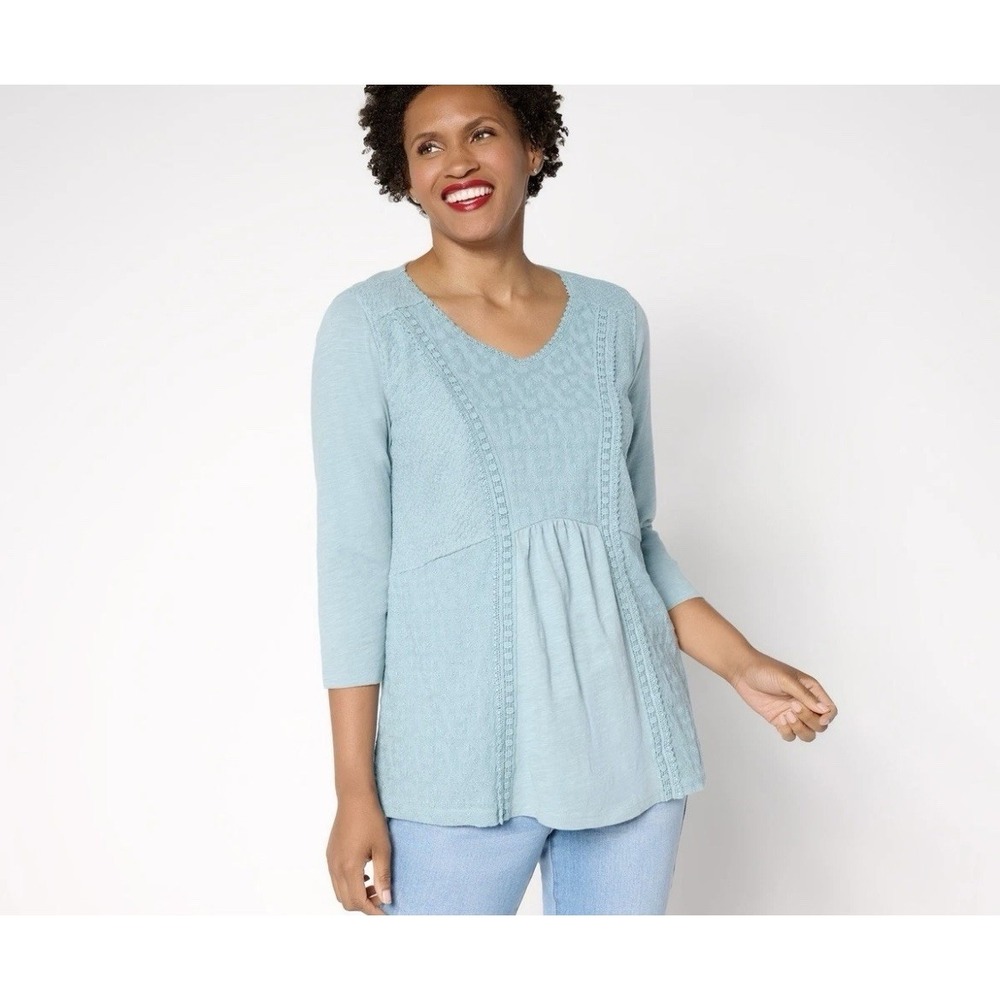 LOGO Lori Goldstein Top Boho Cottagecore Womens 1X XL Pullover Teal 3/4 Sleeve